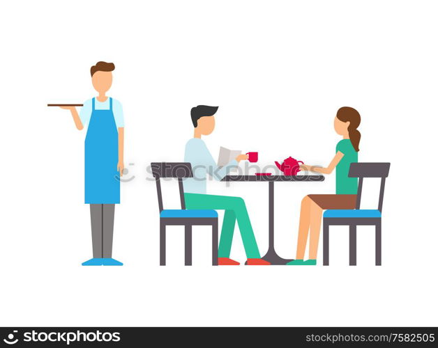 Man and woman in cafeteria, girl holding teapot, boy reading paper and drinking, standing waiter with tray. Leisure of people, flat design of cafe vector. Man and Woman in Cafeteria, Waiter Service Vector