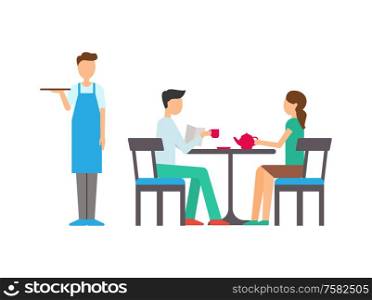 Man and woman in cafeteria, girl holding teapot, boy reading paper and drinking, standing waiter with tray. Leisure of people, flat design of cafe vector. Man and Woman in Cafeteria, Waiter Service Vector