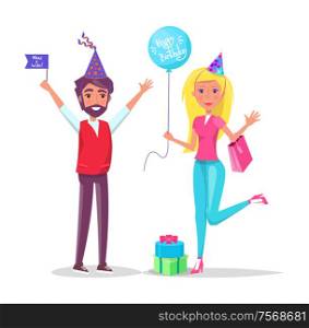 Man and woman in cartoon cone shape hats greeting everyone isolated on backdrop with confetti. Male with flag and woman with balloon on birthday party. Man and Woman in Cartoon Cone Shape Hats Greetings