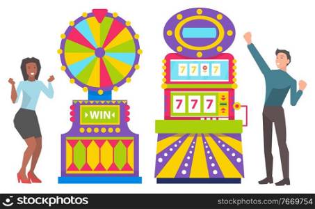 Man and woman in casino vector, game machines with prizes and money awards. Gamblers by slot machine showing segments and colors, 777 lucky sevens. People Playing in Game Machines, Gambling Woman