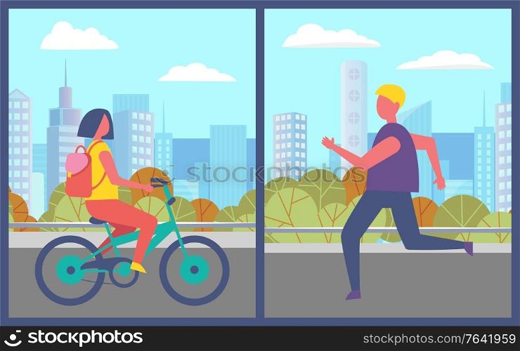 Man and woman in city vector, healthy lifestyle of people in town with skyscrapers. Lady on bicycle, characters jogging personage running on road illustration in flat style design for web, print. Bicyclist Woman Riding Bike and Man Jogging Set