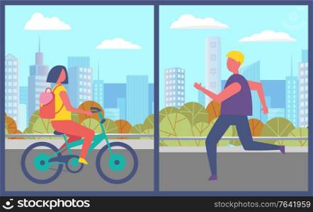 Man and woman in city vector, healthy lifestyle of people in town with skyscrapers. Lady on bicycle, characters jogging personage running on road illustration in flat style design for web, print. Bicyclist Woman Riding Bike and Man Jogging Set