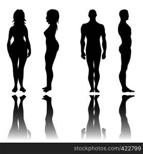 Man and woman in front and side view silhouettes set. Man and woman in front and side view