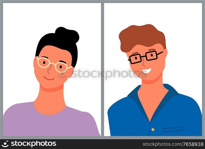 Man and woman in glasses, smiling people on photo, portrait view. Vector cartoon style couple, husband and wife family memory card, successful workers. Man and Woman in Glasses, Smiling People on Photo