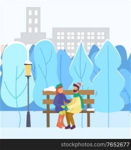 Man and woman in love cuddling in winter city park. Couple hugging sitting on bench. Winter cityscape with trees and buildings. Girlfriend and boyfriend on date in evening outdoors. Vector in flat style. Couple in Love on Date in Winter City Park Vector