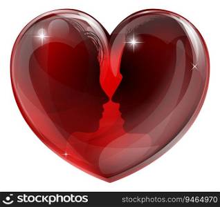 Man and woman in love, faces in profile facing each other in a glossy heart shape. Man and woman in love