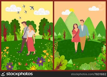 Man and woman in love having date in park vector, forest with trees and greenery, flying swallows and romantic atmosphere for people mountains hills. People Walking in Forest, Morning Walk of Couple
