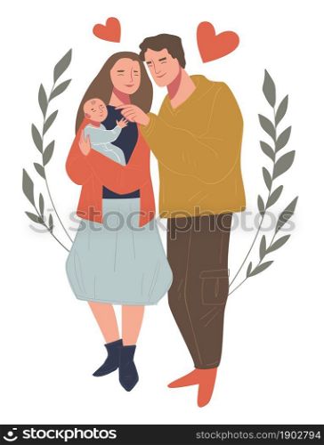 Man and woman in love holding newborn child on hands. Father and mother happy family with kid. Mom and dad cuddling baby. Decorative floral wreath and hearts. Parenthood vector in flat style. Mother and father family with newborn kid on hands