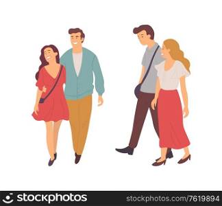 Man and woman in love vector, people walking holding hands, boyfriend and girlfriend showing emotions, happy couples set, isolated male and female. People Walking Together, Boyfriend and Girlfriend
