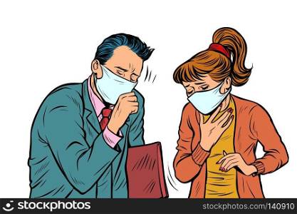 man and woman in masks, dirty air, illness infection. Pop art retro vector illustration vintage kitsch drawing. man and woman in masks, dirty air, illness infection
