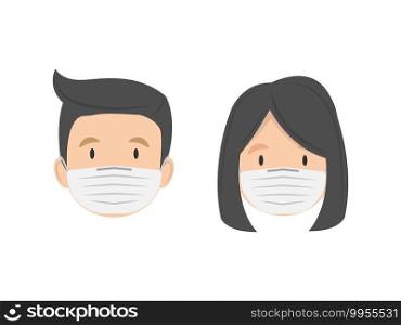 Man and woman in medical mask isolated on white background, notice safety sign, vector illustration