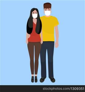 Man and woman in medical masks protect themselves from the epidemic. Cartoon flat design, vector illustration about the disease. Man and woman in medical masks protect themselves from the epidemic. Cartoon flat design, vector illustration about the diseas