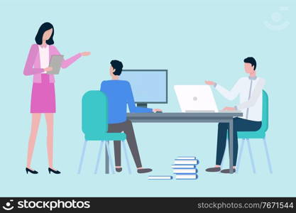 Man and woman in office vector, lady boss giving tasks to employees, males sitting by tables with laptops dealing with info and business projects. People Working in Office, Boss and Workers Vector