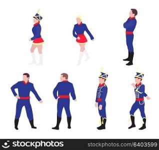 Man and woman in old, beautiful form of guard, hussar, an acrobat performing in circus. Colored Vector Illustration. EPS10. Man and woman in old, beautiful form of guard, hussar, an acroba