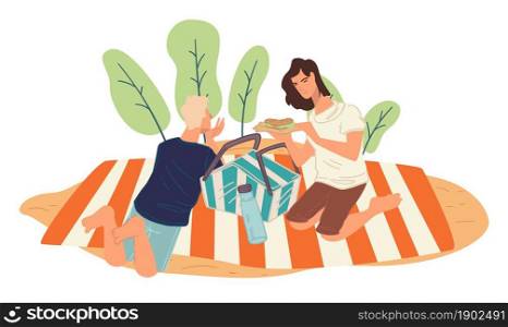 Man and woman in park eating burgers and drinking water. Friends gathered for weekends, male and female sitting blanket surrounded by greenery and foliage of forest or woods. Vector in flat style. Couple on picnic in park, eating burgers meal