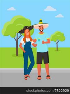 Man and woman in park vector, couple wearing traditional clothes of Mexico. Mexican people sombrero hats on head of pair, cultural heritage retro style. Mexican Man and Woman Wearing Sombrero Hat in Park