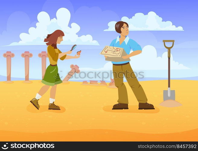 Man and woman in search of treasures. Cartoon vector illustration. Treasure hunters with map and loupe in desert, among ancient ruins. Treasure hunt, Golden fever, culture, archeology, history concept