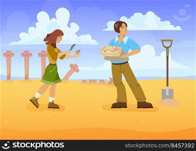 Man and woman in search of treasures. Cartoon vector illustration. Treasure hunters with map and loupe in desert, among ancient ruins. Treasure hunt, Golden fever, culture, archeology, history concept