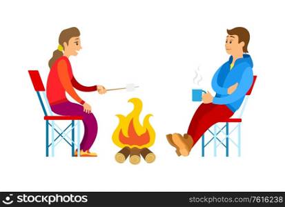 Man and woman in sport suit sitting on chairs, female holding branch near bonfire, male drinking. Side flat view people, tourists isolated, picnic vector. People in Sport Suit, Picnic and Bonfire Vector