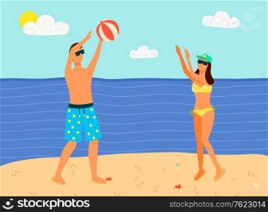Man and woman in swimsuit playing inflatable ball outdoors on summer beach with sea view. Vector man and woman having fun, volleyball sport activity, recreation at summertime. Man and Woman in Swimsuits Playing Inflatable Ball