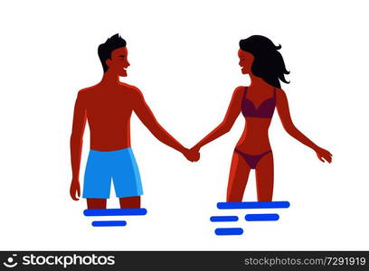 Man and woman in swimwear stand in water, hold hands, look at each other and smile isolated vector illustration on white background.. Man and Woman in Love that Hold Hands in Water