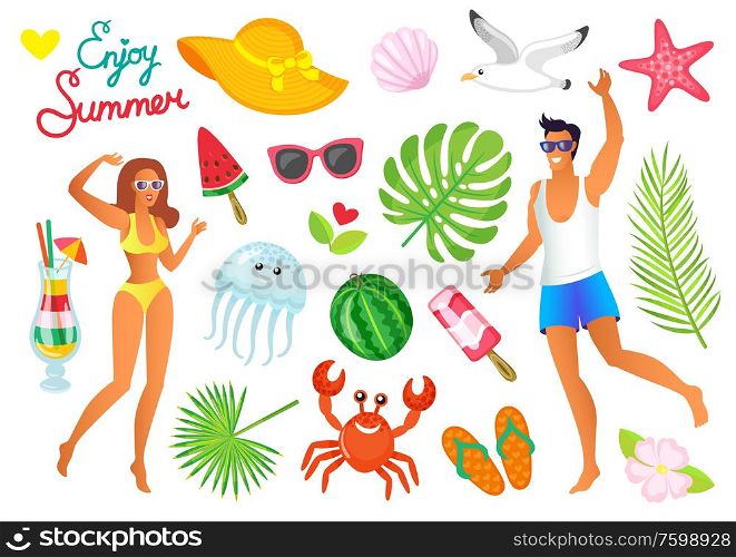 Man and woman in swimwear, summer beach symbols vector. Watermelon and cocktail, jellyfish and crab, gull and starfish, palm leaf and sunglasses, shellfish. Hot Summer Symbols, Man and Woman in Swimwear