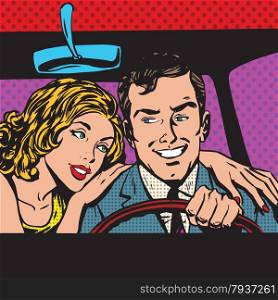 Man and woman in the car family pop art comics retro style Halftone. Imitation of old illustrations. Imitation vintage illustrations. Buy transport. pop art comics retro style Halftone