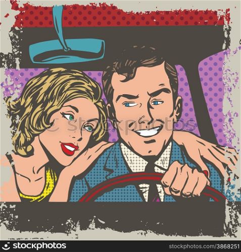 Man and woman in the car pop art comics retro style Halftone. Imitation of old illustrations. Delave effect old paper. Man and woman in the car pop art comics retro style Halftone