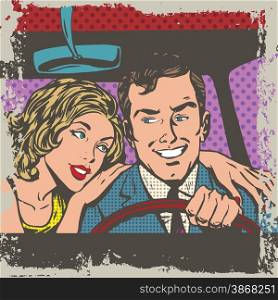 Man and woman in the car pop art comics retro style Halftone. Imitation of old illustrations. Delave effect old paper. Man and woman in the car pop art comics retro style Halftone