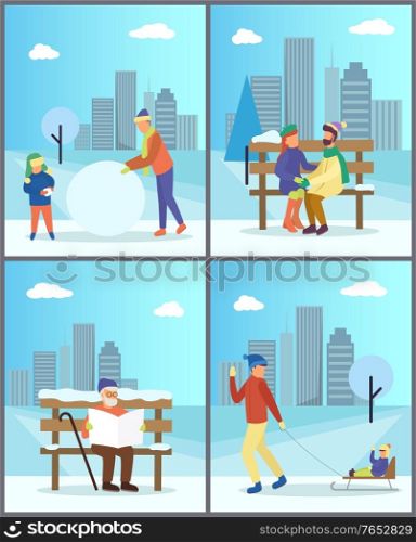 Man and woman in winter park with cityscape view. Happy parent and kid making snowman, senior reading newspaper, couple sitting on snowy bench, person going with child sitting on sleigh vector. People Walking in Winter Time in City Park Vector