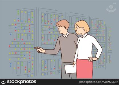 Man and woman inspect server equipment choosing place to store and process big data. Two system administrators are looking at servers to host website or create hosting for it startups. Man and woman inspect server equipment choosing place to store and process big data