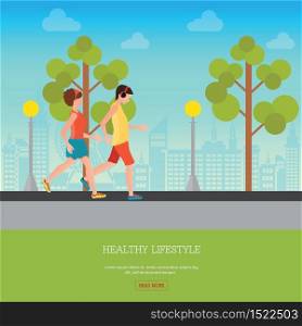 Man and Woman Jogging Together on city view background, Running Man and Woman Outdoor, Jogging Couple , healthy lifestyle conceptual vector illustration.