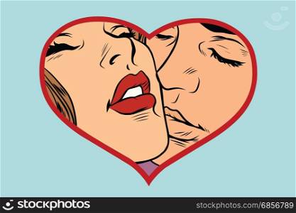 Man and woman kissing, love heart. Romantic couple. Comic cartoon vintage pop art retro vector illustration. Man and woman kissing, love heart