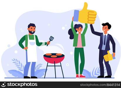 Man and woman liking barbeque restaurant. Chef grilling meat and people showing like sign flat vector illustration. Barbeque concept for banner, website design or landing web page