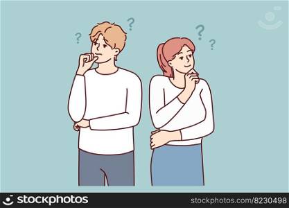 Man and woman look in different directions and scratch their chins thinking about anniversary gift. Guy and girl dream together or come up with idea to brainstorm together. Flat vector image . Man and woman look in different directions and scratch their chins thinking idea. Vector image