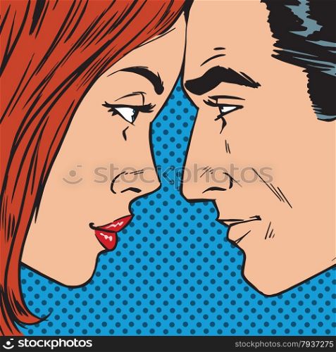 Man and woman looking at each other face to face pop art comics retro style Halftone. Imitation of old illustrations. Man and woman looking at each other face pop art comics retro st