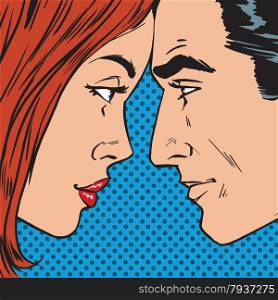 Man and woman looking at each other face to face pop art comics retro style Halftone. Imitation of old illustrations. Man and woman looking at each other face pop art comics retro st