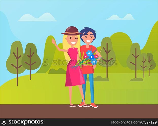 Man and woman lovely day in park, male embracing female and holding flowers. Portrait view of smiling people, walking outdoor, relationship vector. Girl and Boy Walking in Park, Lovely Day Vector