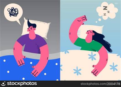 Man and woman lying relaxing in bed sleep peacefully and having insomnia. People with speech bubbles above heads, asleep or take nap and suffer from vigilance. Relaxation and tiredness. . Man and woman in bed have good and bad sleep
