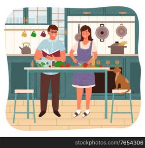 Man and woman making food together. Couple in kitchen, female character cutting carrots and vegetables for salad. Male reading cookbook with recipe. Pet sitting by table, family at home vector. Couple Cooking, People in Kitchen Making Dish