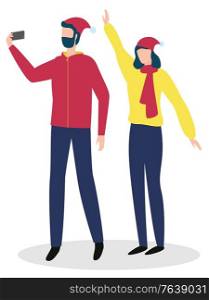 Man and woman making photo with smartphone. Male holding phone, doing selfie with female. Happy people wearing hat and scarf standing together. Couple celebrating winter holidays and shooting vector. Happy Couple Celebrating Winter Holiday Vector