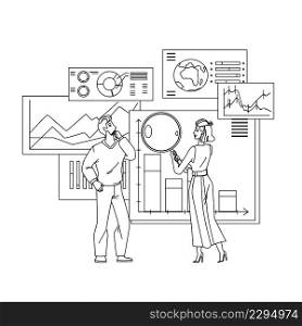 Man And Woman Managers Data Monitoring Black Line Pencil Drawing Vector. Boy And Girl Workers Internet Or Financial Data Monitoring Together. Characters Researching Finance Chart And Infographic. Man And Woman Managers Data Monitoring Vector