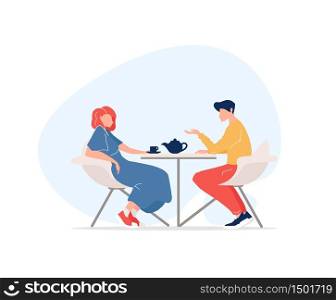 Man and woman meeting flat color vector faceless characters. Friends drinking asian tea. People having conversation in street cafe isolated cartoon illustration for web graphic design and animation. Man and woman meeting flat color vector faceless characters