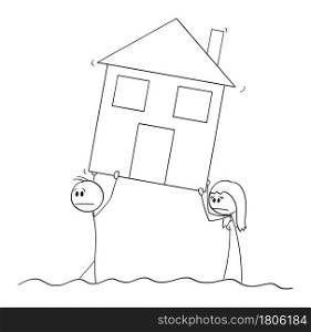 Man and woman moving or carrying family house during water flooding disaster, vector cartoon stick figure or character illustration.. Man and Woman Carrying or Moving Family House During Water Flooding Disaster, Vector Cartoon Stick Figure Illustration