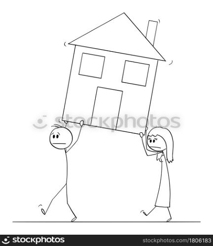 Man and woman moving or carrying family house, vector cartoon stick figure or character illustration.. Man and Woman Carrying or Moving Family House, Vector Cartoon Stick Figure Illustration