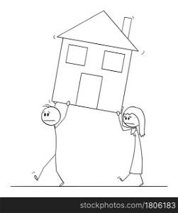 Man and woman moving or carrying family house, vector cartoon stick figure or character illustration.. Man and Woman Carrying or Moving Family House, Vector Cartoon Stick Figure Illustration