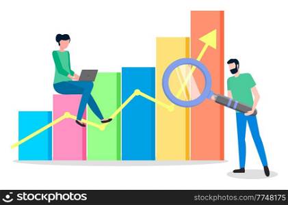 Man and woman near diagram consisting of vertical color rectangular bar, vector illustration. Step growing chart. Information business statistics and digital indicator element, infographics template. Man and woman near step growing chart. Information business statistics and digital indicator element