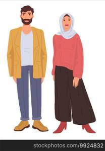 Man and woman of arabic country, male and female characters wearing simple clothes. Boyfriend and girlfriend, muslim couple. Lady in dress and headscarf covering head and hair. Vector in flat style. Husband and wife wearing traditional clothes, muslim fashion