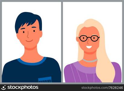 Man and woman office workers portrait view. Vector isolated faces of cartoon characters, online consultant or support centre employees, business people. Flat cartoon. Man and Woman Office Workers Portrait View. Vector