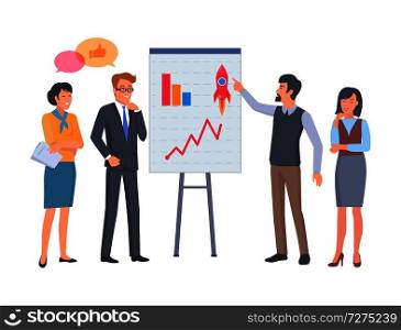Man and woman on business coaching with diagram on placard vector illustration. Male point on poster with charts. Successful startup project. Man and Woman on Coaching with Diagram on Placard
